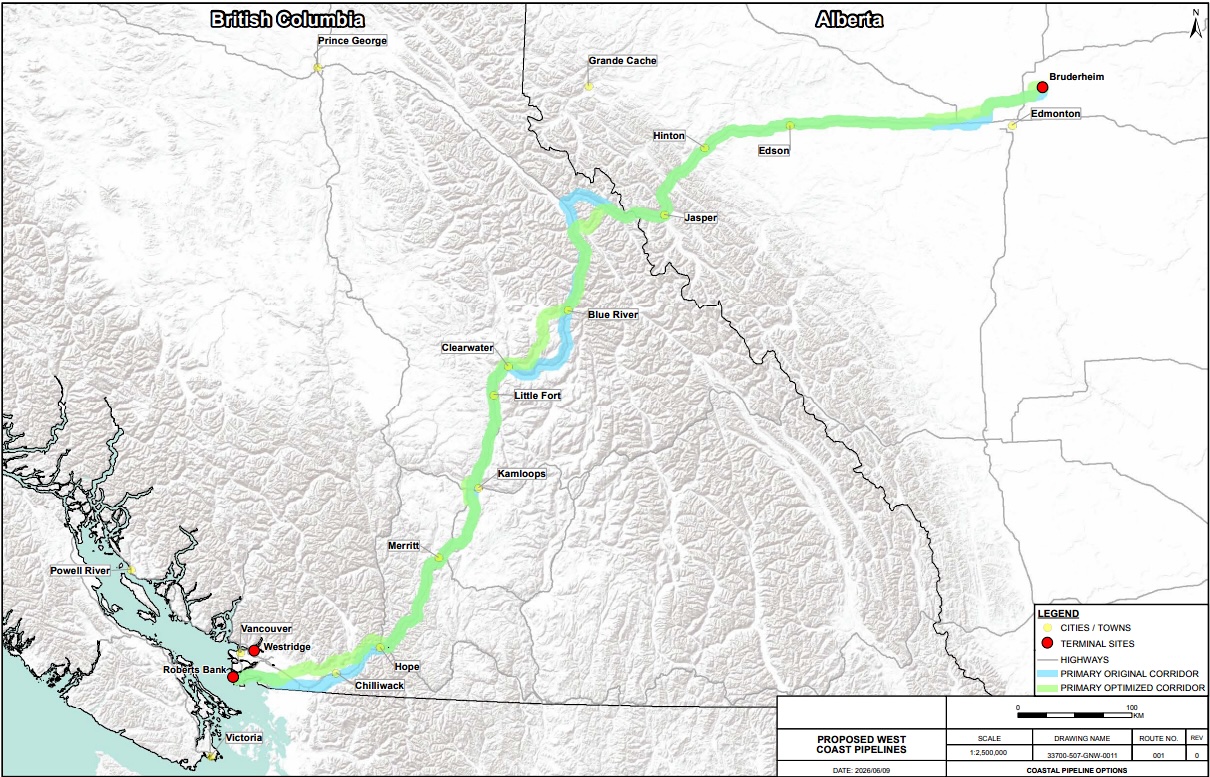 A map of BC with two lines indicating the pipeline&rsquo;s proposed route from near Edmonton, through B.C. and into the Lower Mainland. 
