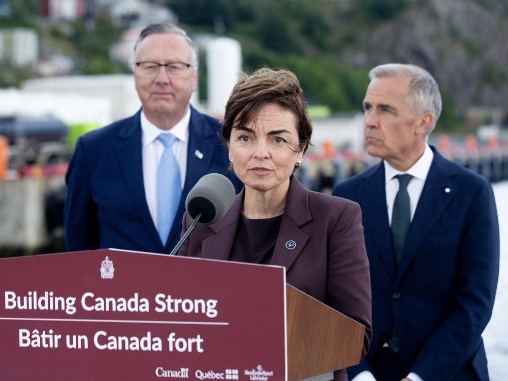 A middle-aged white woman with short brown hair speaks outside at a dais with a sign that says, &ldquo;Building Canada Strong.&rdquo; Two middle-aged white men in suits stand on either side slightly behind her.