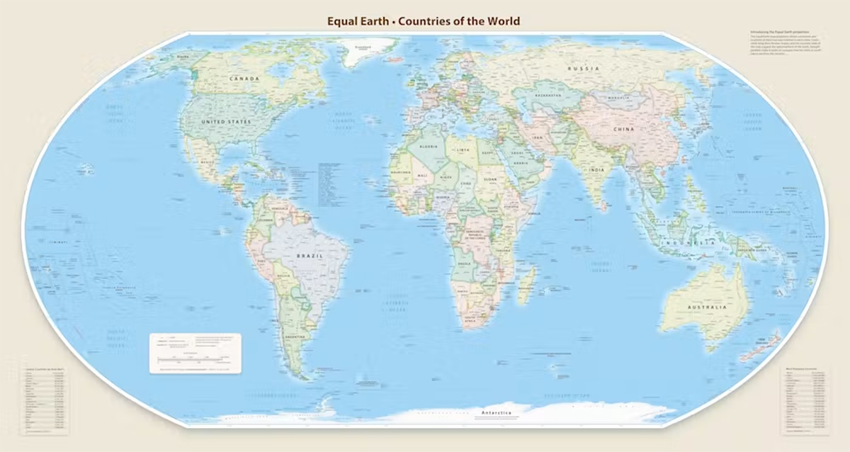 A map of the world. It&rsquo;s curved at the left and right edges to allow for more accurate country size projections.
