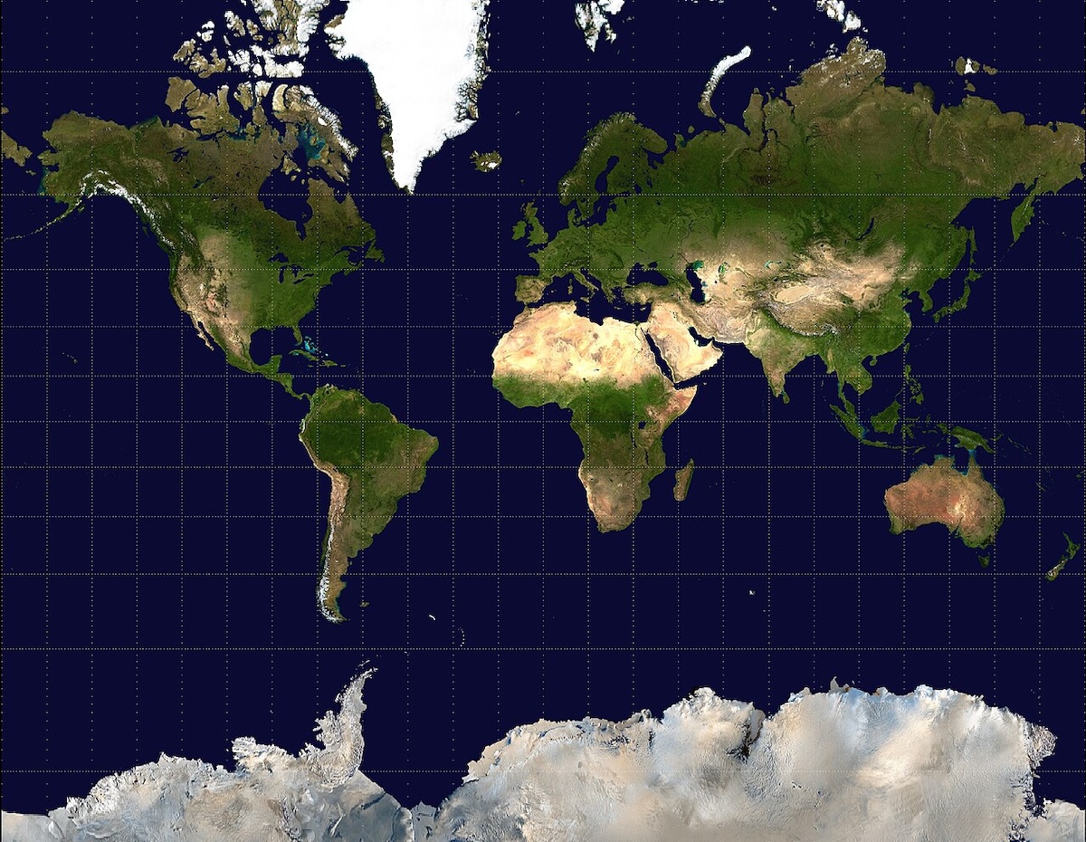 The Mercator projection of the world. Africa looks much smaller than it is in reality. Canada, Russia and Greenland look much bigger than they are in reality.