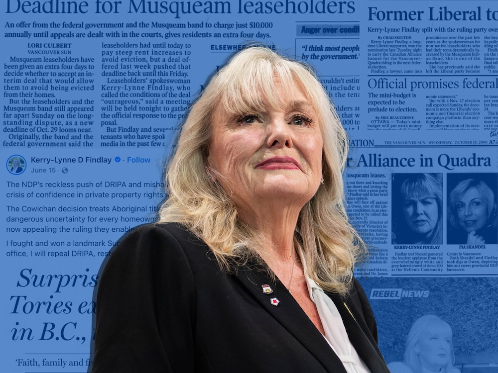 A photograph of a woman in her 70s with long, wavy blonde hair and bangs is imposed on a blue background of news articles and social media posts.