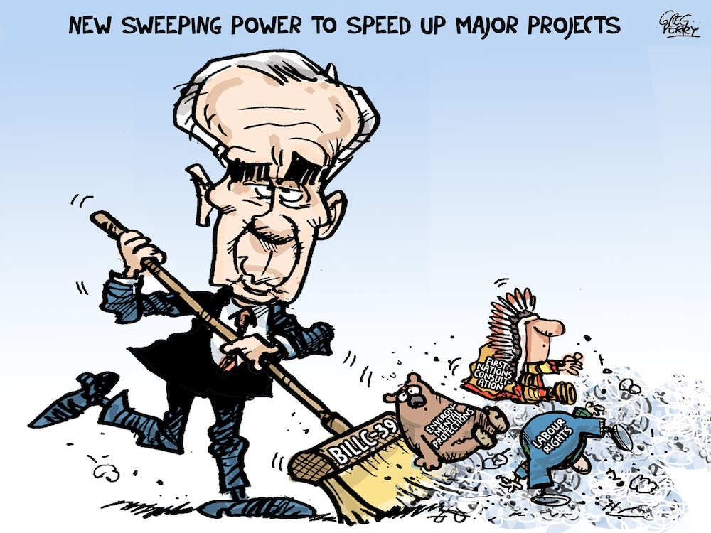 A cartoon caricature of Mark Carney holds a broom labelled &lsquo;Bill C-39&rsquo; and sweeps the floor along with the following items: a bear labelled &lsquo;environmental protections,&rsquo; a person wearing an Indigenous headdress labelled &lsquo;First Nations consultation,&rsquo; and an upside down person labelled &lsquo;labour rights.&rsquo;