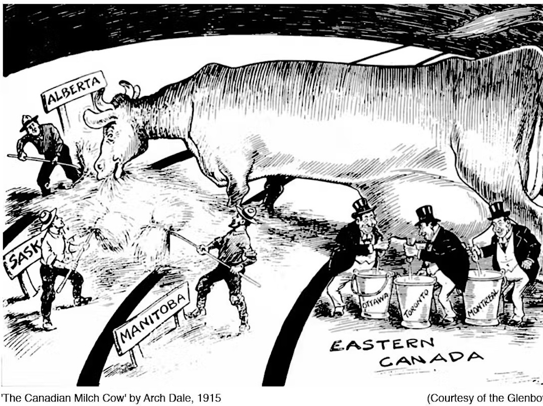 A black and white cartoon of a cow being milked across a map of Canada.