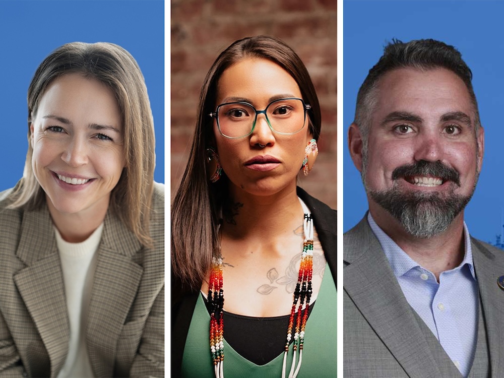 On the right, Caroline Elliott is smiling and leaning towards the photographer; in the centre, &Aacute;ʼa:l&iacute;ya Warbus has a serious expression; on the right, Scott McInnis is grinning.