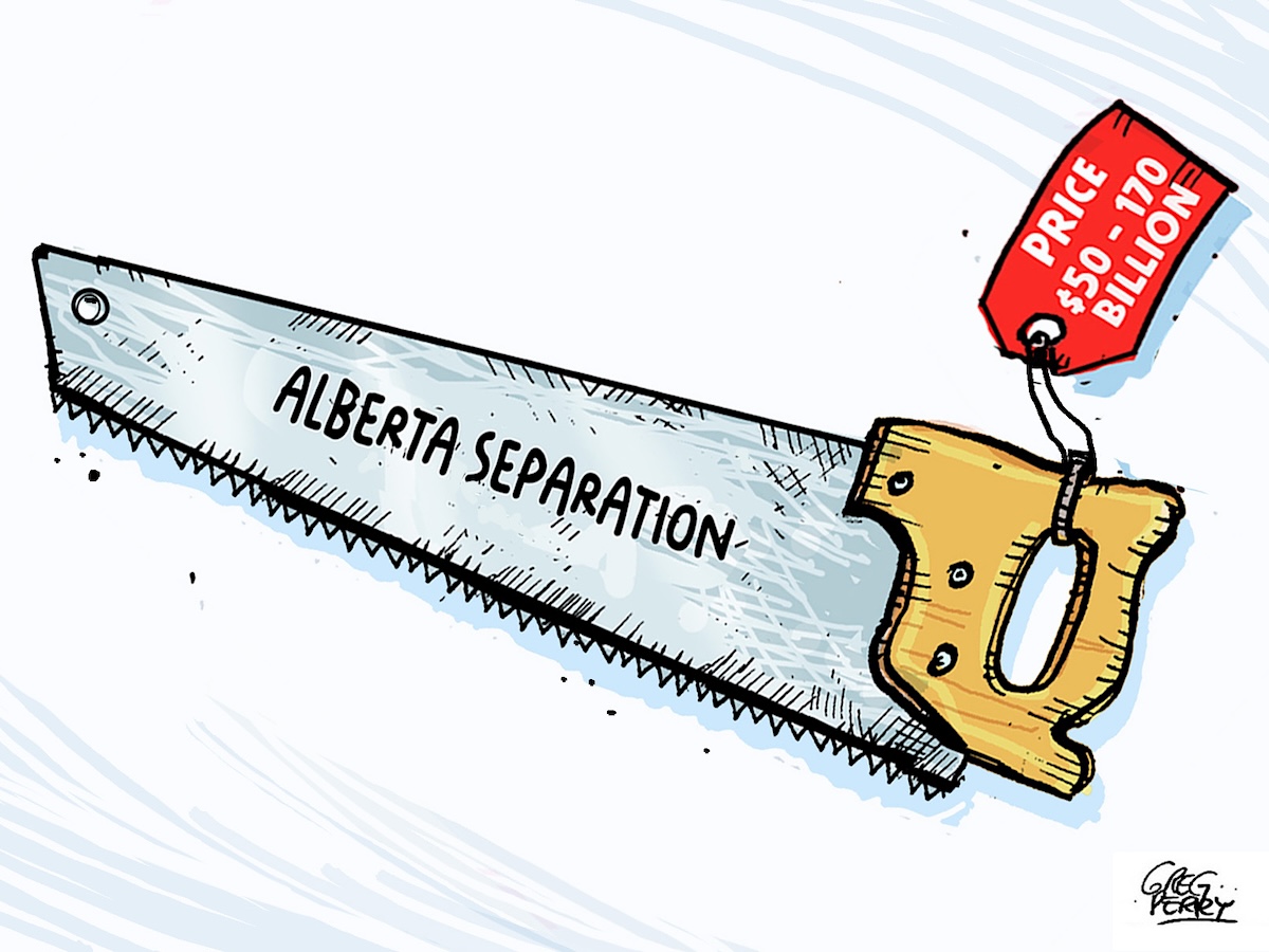 A handsaw has the words &lsquo;Alberta separation&rsquo; along the blade and a tag tied to the handle that reads, &lsquo;Price $50 to 170 billion.&rsquo;