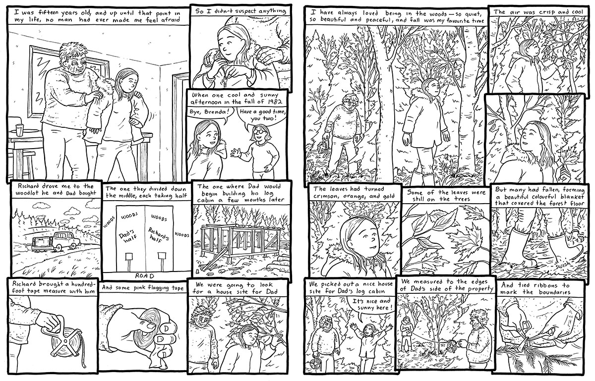 Several black and white comic panels depict young Emily Carrington and Richard going to the woods together in search of a site to build the house that she and her father will live in. The narrator notes how she had no reason to believe Richard should be feared. She also describes how at home she felt in the forest.