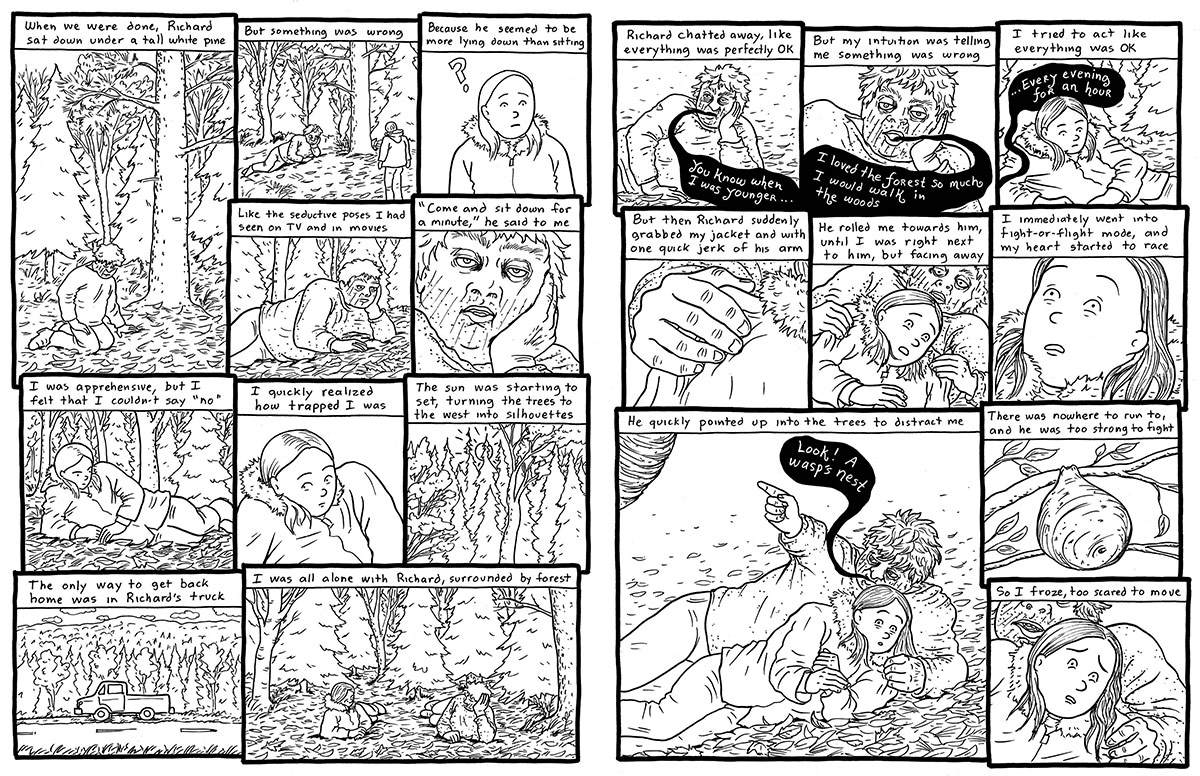 Several black and white comic panels depict young Emily Carrington and Richard in the woods together. Richard grabs her. Emily freezes.