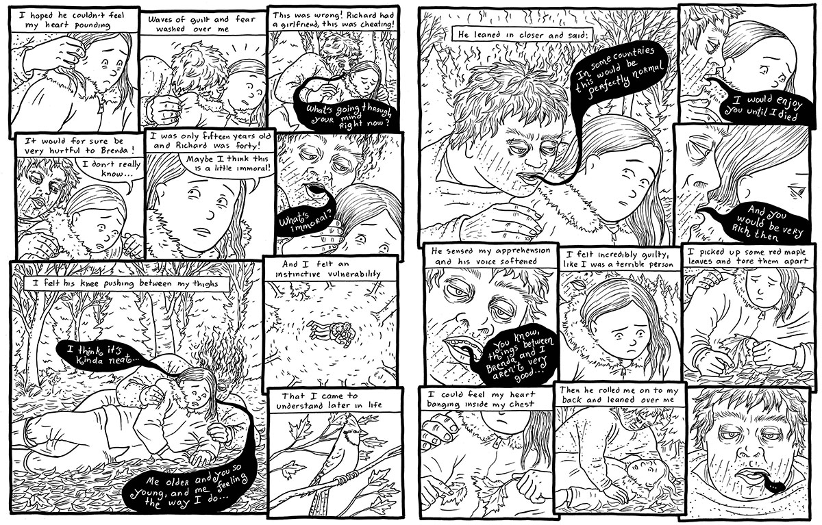 Several black and white comic panels depict young Emily Carrington and Richard in the woods while Richard is assaulting her. “I hoped he couldn’t hear my heart pounding,” writes Carrington. “Waves of guilt and fear washed over me.”