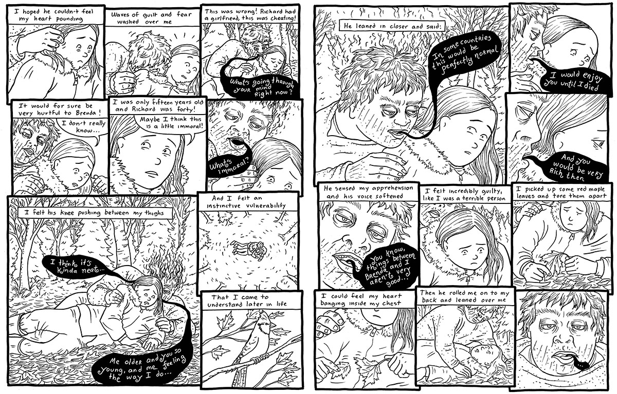 Several black and white comic panels depict young Emily Carrington and Richard in the woods while Richard is assaulting her. &ldquo;I hoped he couldn&rsquo;t hear my heart pounding,&rdquo; writes Carrington. &ldquo;Waves of guilt and fear washed over me.&rdquo;