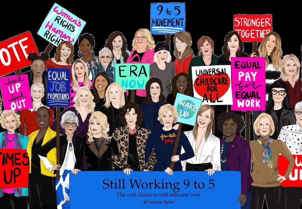 A colourful illustration depicts a large group of women holding protest signs with messages like “Wake up,” “Universal child care for all,” and “9 to 5 movement.” In the front and centre of the frame, illustrations of Dolly Parton, Lily Tomlin, and Jane Fonda refer to 9 to 5, the feminist 1980 film in which they co-starred.
