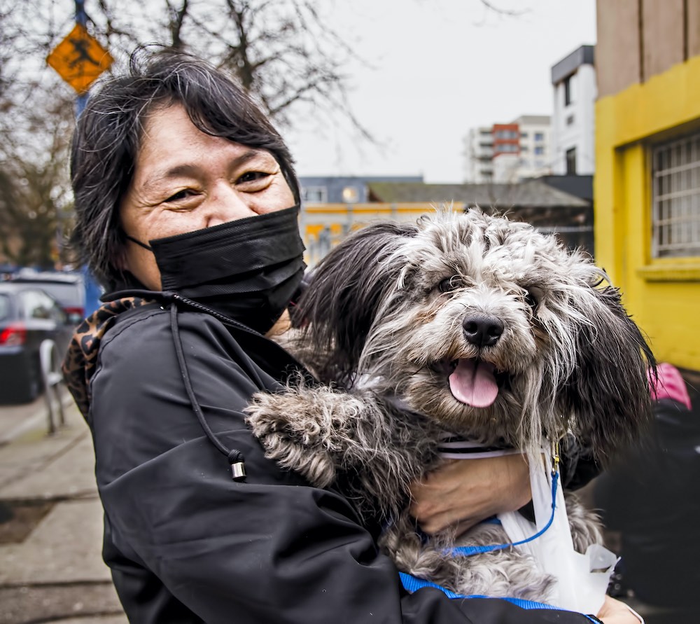 Top: Bandit, a domestic shorthair cat pokes his head out of a mesh cat carrier. His owner Robert holds the cat carrier. Bottom: A close-up shot of Jackie, wearing a black medical mask, holding Twirls, a small dog fluffy dog that is sticking out their tongue.