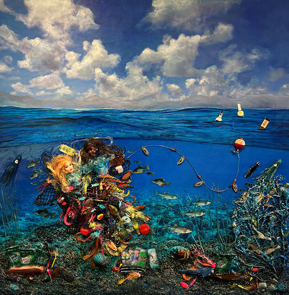 A realistic style painting showing clouds in a blue sky, the surface of water, and a trash cluttered world beneath the surface, including a Barbie doll’s head.