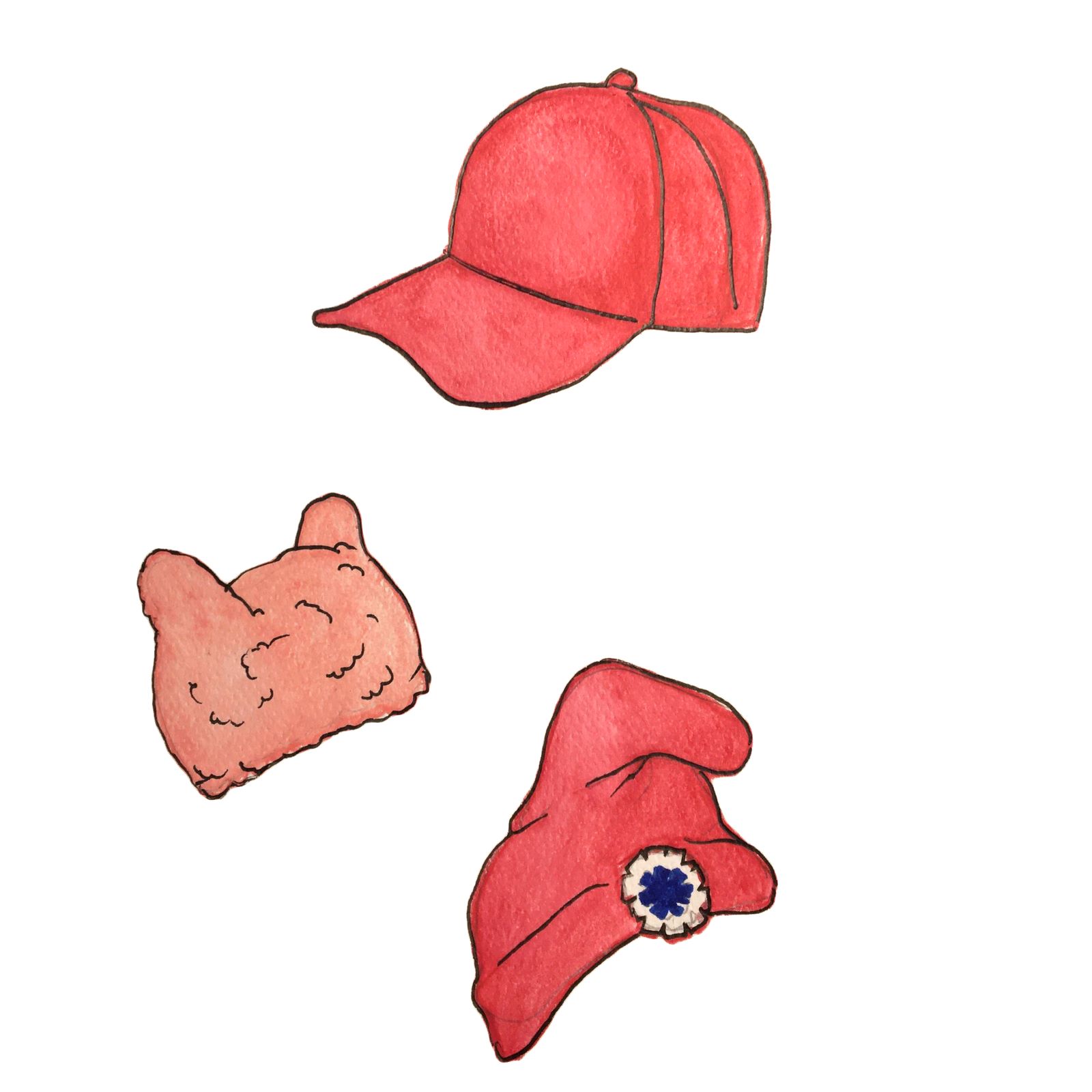 An illustrated trio of red and pink hats. Clockwise from top: a red baseball cap, a red Phyrgian hat and a pink ‘pussyhat’ popularized during the 2017 Women’s March.