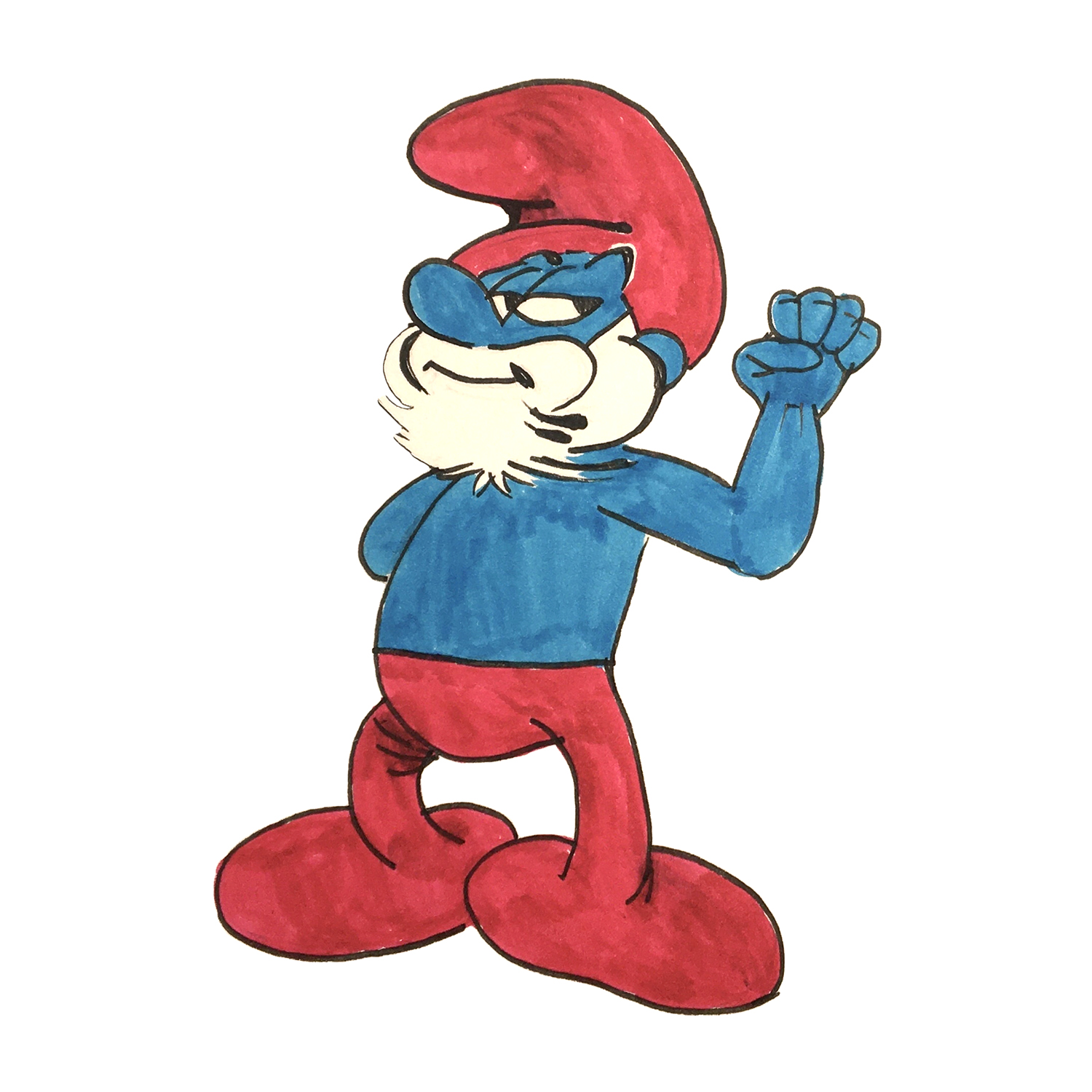 An illustration of the cartoon character Papa Smurf, a character with a blue body, white beard, red pants and red toque. In this picture he is raising his fist in solidarity in the way that activists do at rallies.
