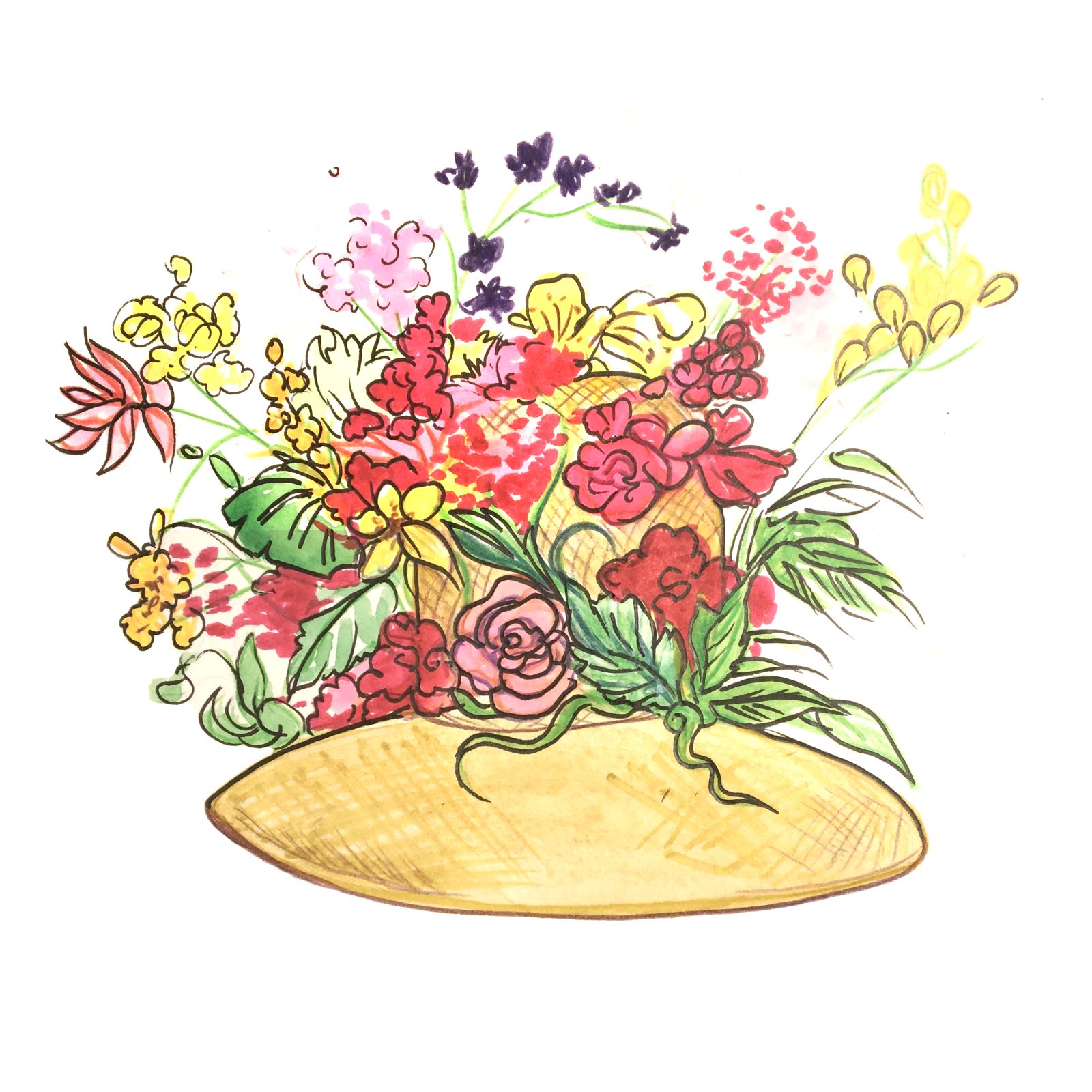 An illustration of a straw hat adorned with fresh colourful flowers.