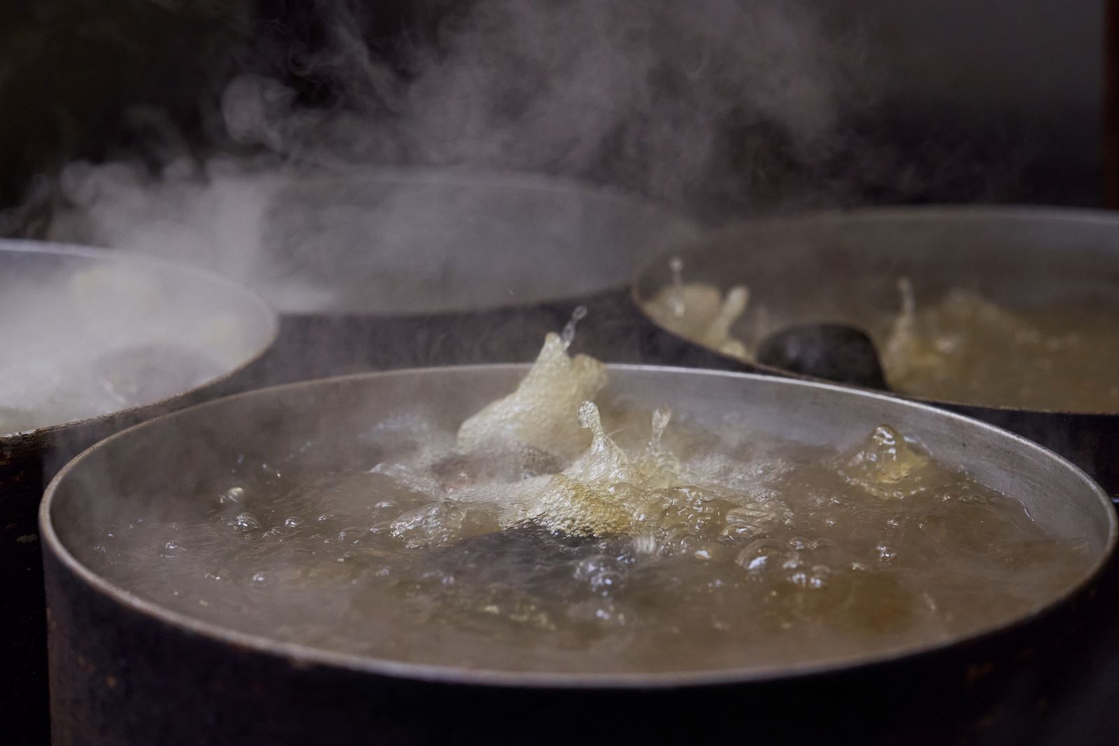 Four pots bubble at the surface to reveal dark green shapes under water: they are zongzi, boiling for hours. 