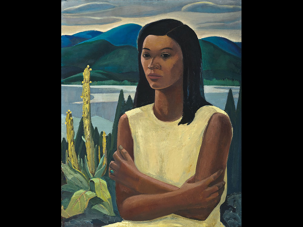 An oil painting depicts a woman with shoulder-length black hair and a yellow dress. Mountains, trees and a river can be seen behind her.