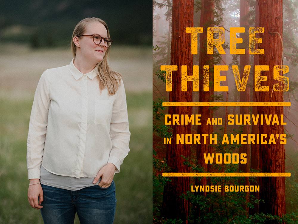 A diptych with the author’s photo on the left and the book cover on the right. Lyndsie Bourgon is wearing a white collared shirt and glasses. She looks to her left and has her hand partially in her pocket.