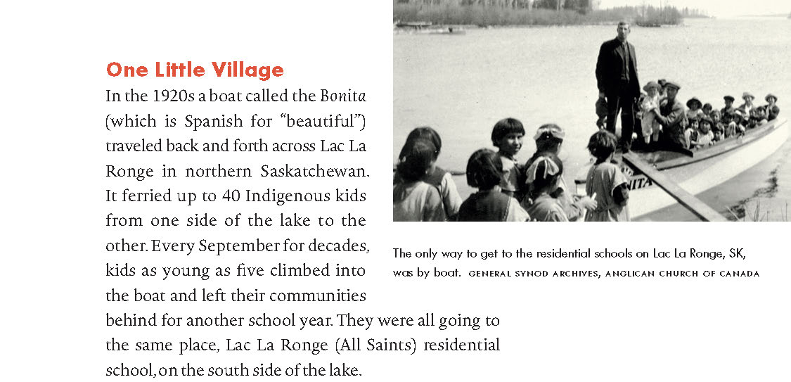 A page from <i>The Witness Blanket</i> includes a black and white photograph of students boarding a boat on Lac La Ronge, Saskatchewan. Beside the photo is a paragraph titled ‘One Little Village.’