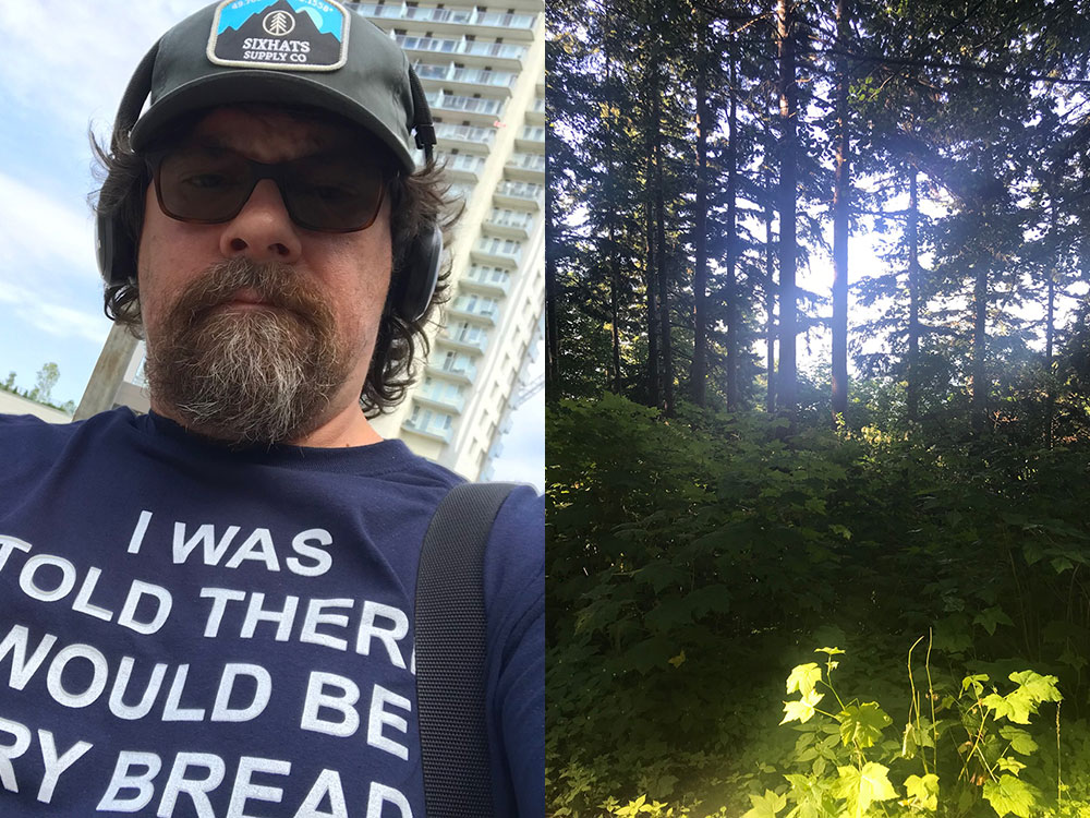 A photo depicts Joseph Kakwinokanasum in a ball cap, sunglasses, headphones and blue navy t-shirt that reads “I was told there would be fry bread. Another photo shows a forest with light shining through it.