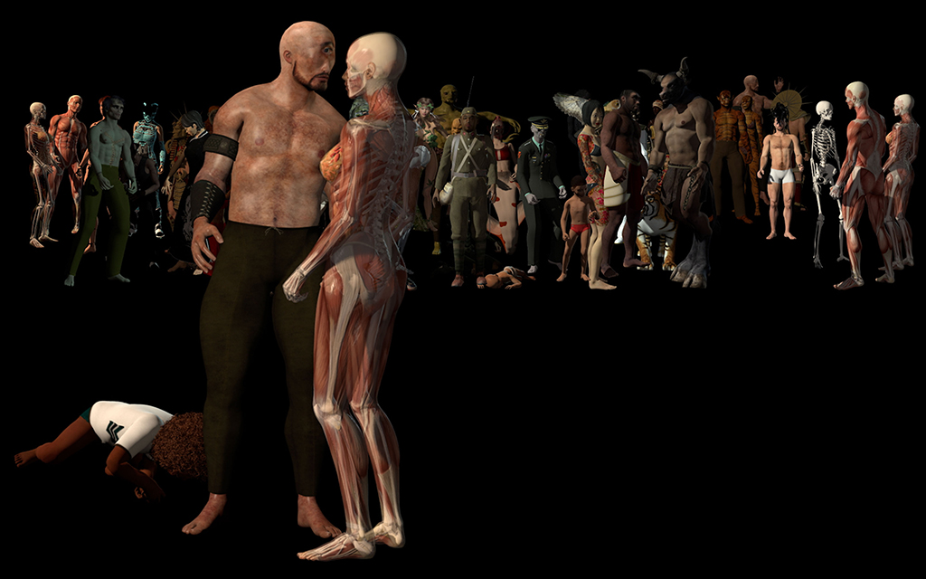 Digitally rendered human forms face off with each other in a projection on a mirror. In the foreground near the left of the screen are two people in a close encounter. A large crowd gathers in the background.