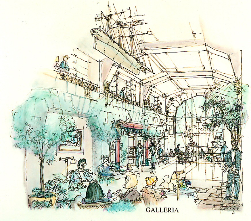 A colourful sketch of the interior of the Marine Building in downtown Vancouver using light green tones. People are eating lunch in the promenade in the foreground. A model of a ship hangs from the high ceiling.