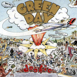 The album cover for Green Day’s 1994 album Dookie features the words “Green Day” in illustrated green block letters against a cloud from a cartoon explosion at the top of the frame; cartoon chaos reigns below.