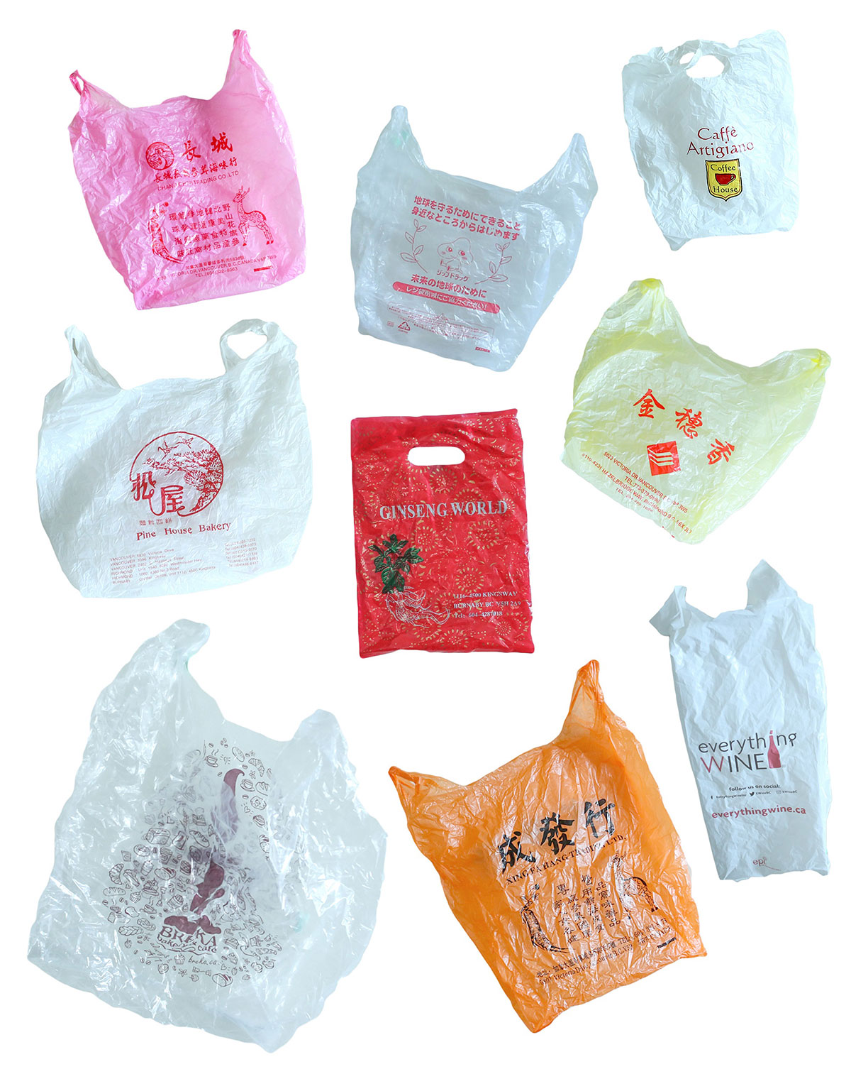 A selection of plastic bags from local Vancouver businesses against a white background.