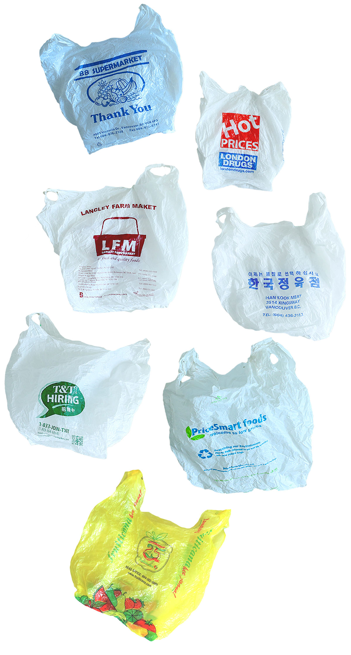A selection of light-coloured grocery bags, with one yellow bag at the bottom of the frame, against a white background.