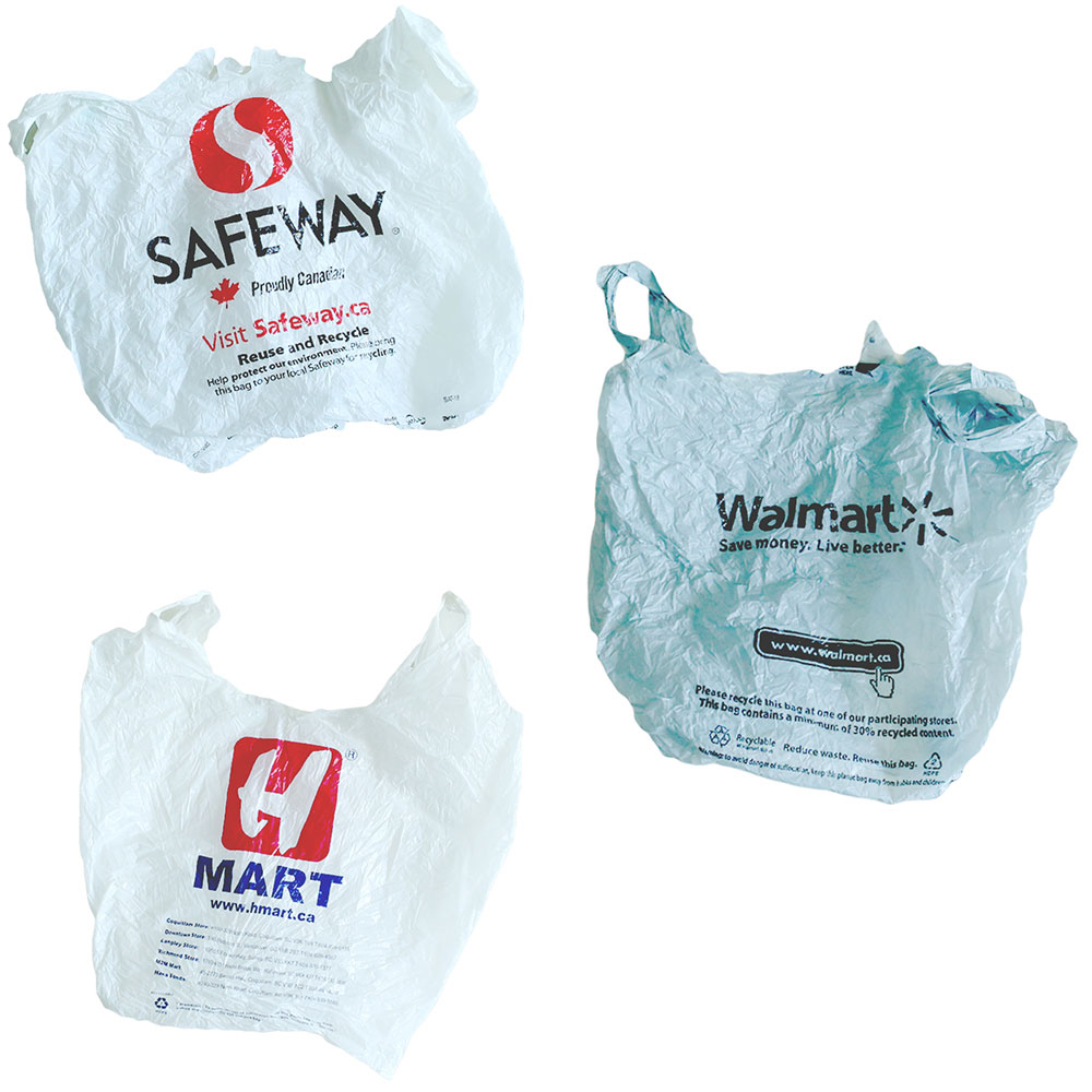 A collection of three white and grey grocery bags from Safeway, Walmart and H-Mart against a white background.