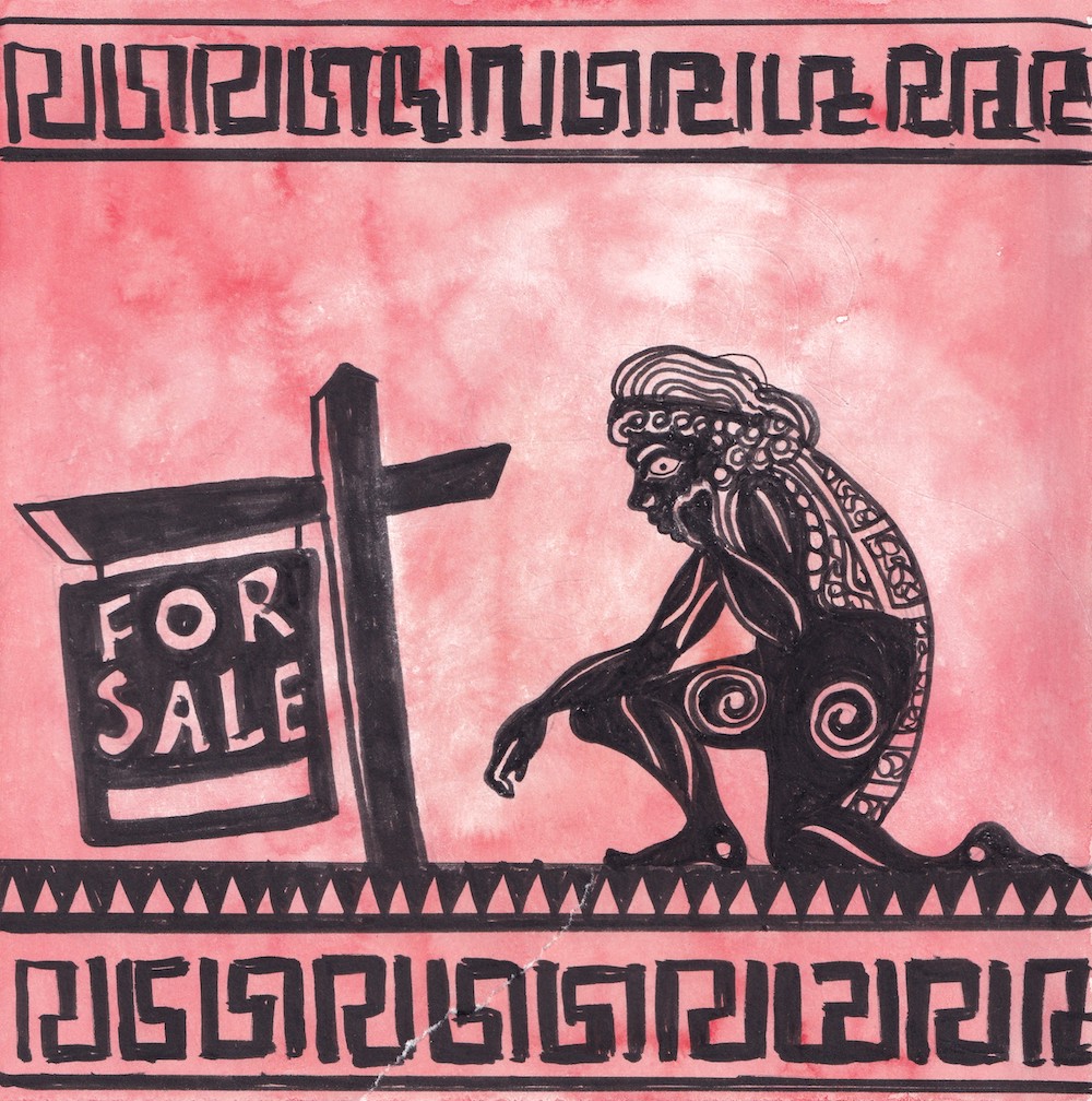 A black ink painting against a red background depicts a character illustrated in a Grecian style. They are on the right of the frame, kneeling before a “for sale” sign.