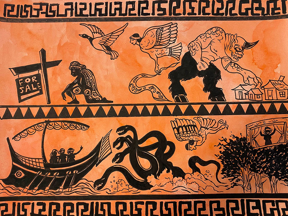 A black ink illustration on a painted terra cotta background depicts mythical beasts and figures from ancient Greek mythology. They kneel before a “for sale” sign and a row of houses just out of reach.