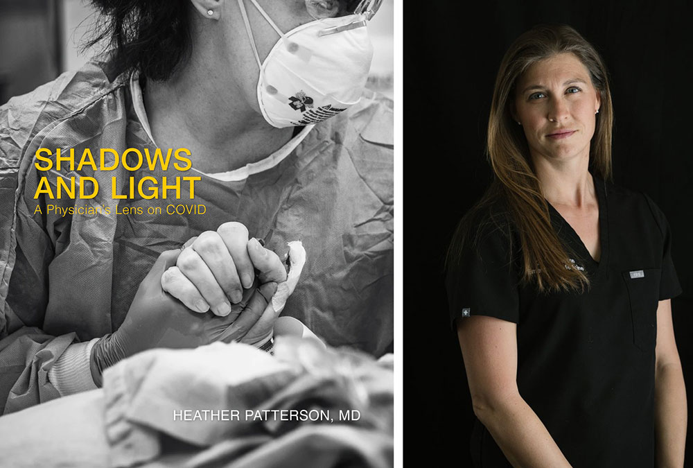 The cover of 'Shadows and Light,' which features the title in yellow letters over a black and white image of a nurse masked and in goggles holding the hand of a patient in a hospital bed. Beside it is the image of the author, who is wearing a black set of scrubs.