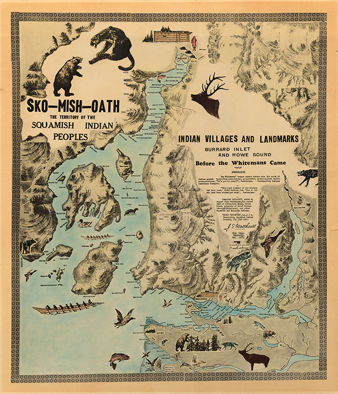 An archival map using beige, black and light blue colourways depicts the territory of the Sḵwx̱wú7mesh peoples.