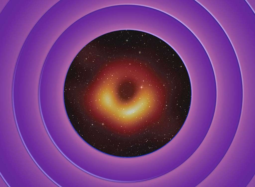 A digital collage features three rings of purple with a galactic circle in the centre. Stars against a dark sky and an orange glow emanate from the central circle.