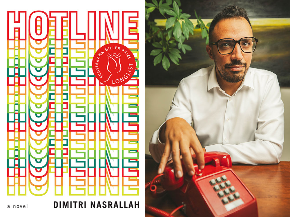 On the left, the book cover for Hotline; the cover repeats the title vertically, in rainbow colours. On the right, an author photo of Dimitri Nasrallah. He is reaching for a red landline telephone. 
