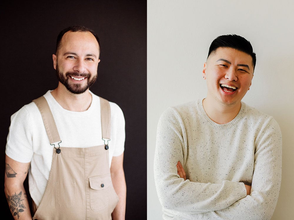 On the left: An author photo of Daniel Zomparelli wearing beige overalls and a white T-shirt. He has a floral tattoo on her forearm. On the right: An author photo of David Ly wearing a flecked beige sweater.
