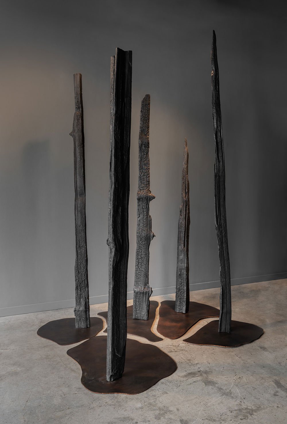 A collection of five grey and charcoal wood sculptures are clustered together on a grey concrete gallery floor. They stand vertically in sculpted dark pools against a grey wall.
