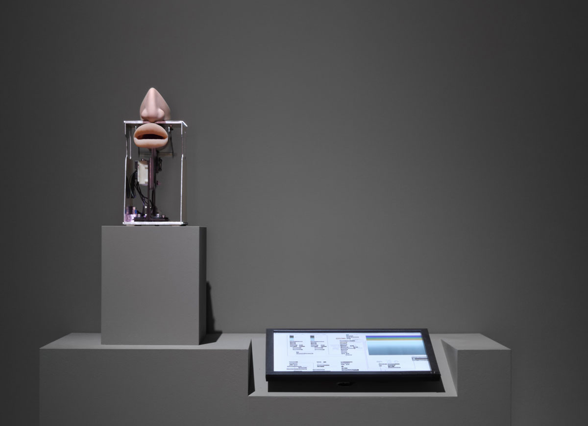 Two items are placed on tiered grey risers against a grey wall. To the left is a metal device attached to a pink silicone nose and mouth sculpture. To the right is a flat digital screen.