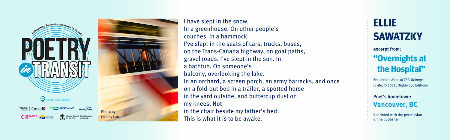 The Poetry in Transit card for Ellie Sawatsky’s “Overnights at the Hospital.”