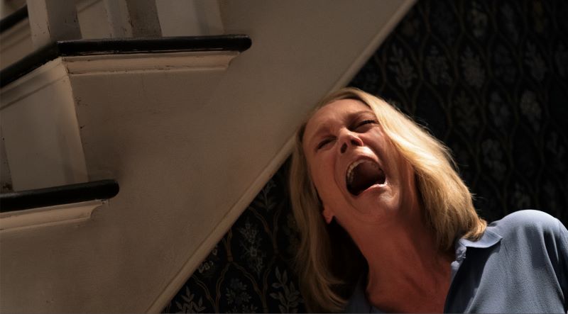 In the lower right corner of the frame, a blonde woman is screaming. She is standing next to a flight of stairs in a suburban home with white walls.