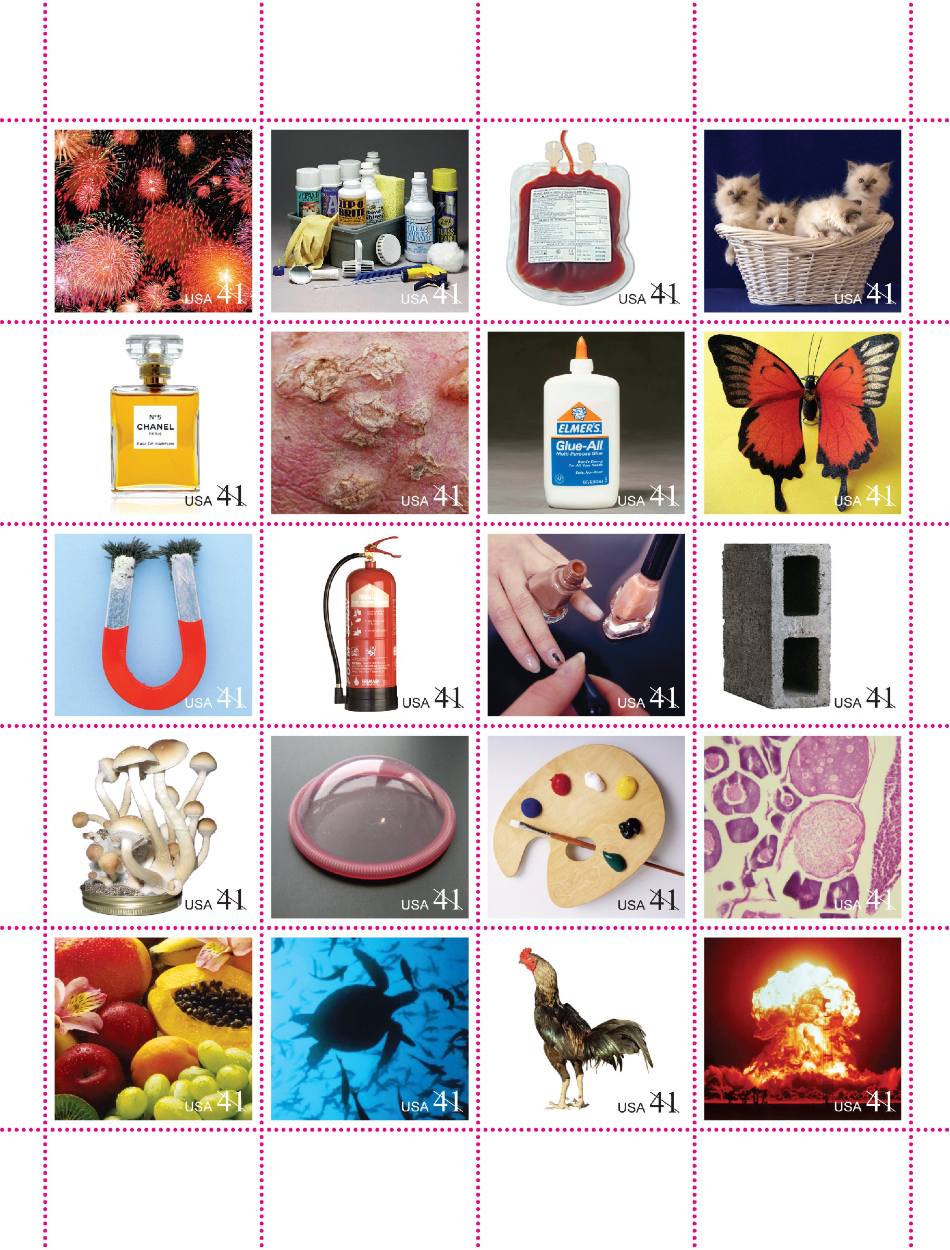 A collection of 20 stamps depicting photos of items and substances that can’t be mailed by the U.S. Postal Service. The stamps include photos of fireworks, cleaning products, blood, kittens, perfume, glue, a butterfly, magnets, fire extinguishers and more.