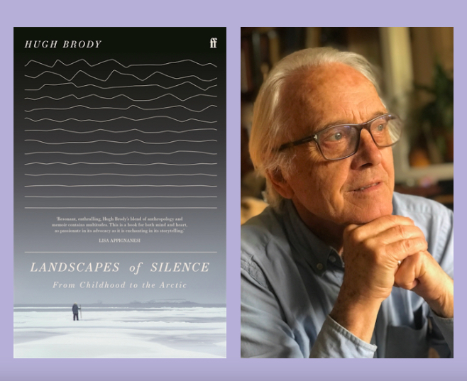 On the left, the cover of a book titled "Landscapes of Silence," which features a small figure standing in the middle of a vast arctic landscape. On the right, the photo of a senior whtie man with glasses, white hair, looking to the right. He has a kind, thoughtful expression.