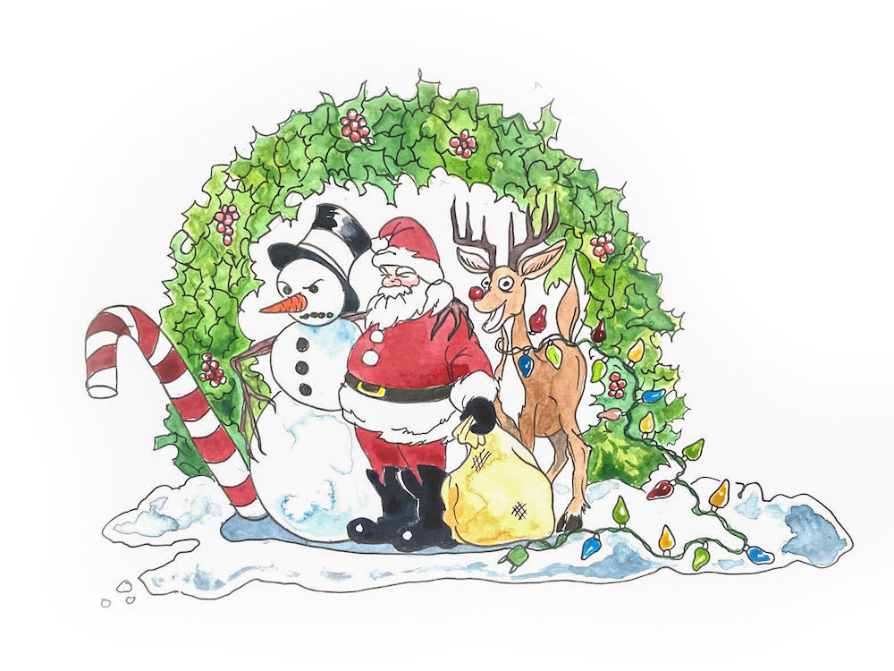 A cartoon watercolour illustration of Santa Claus, a snowman to his left and a reindeer to his right is encircled by a green and red holly wreath and giant candy cane. The three characters have exasperated expressions on their faces.