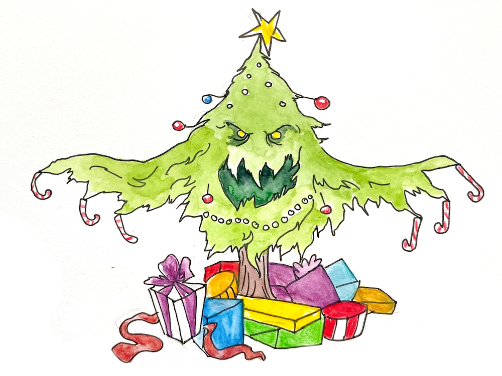 A cartoon watercolour illustration of angry green Christmas tree presiding over an assortment of colourful wrapped gifts.