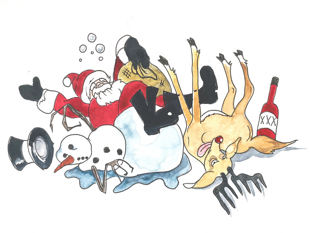 Santa Claus is falling backwards over a snowman while Rudolph the red-nosed reindeer is on his back, hoofs up.
