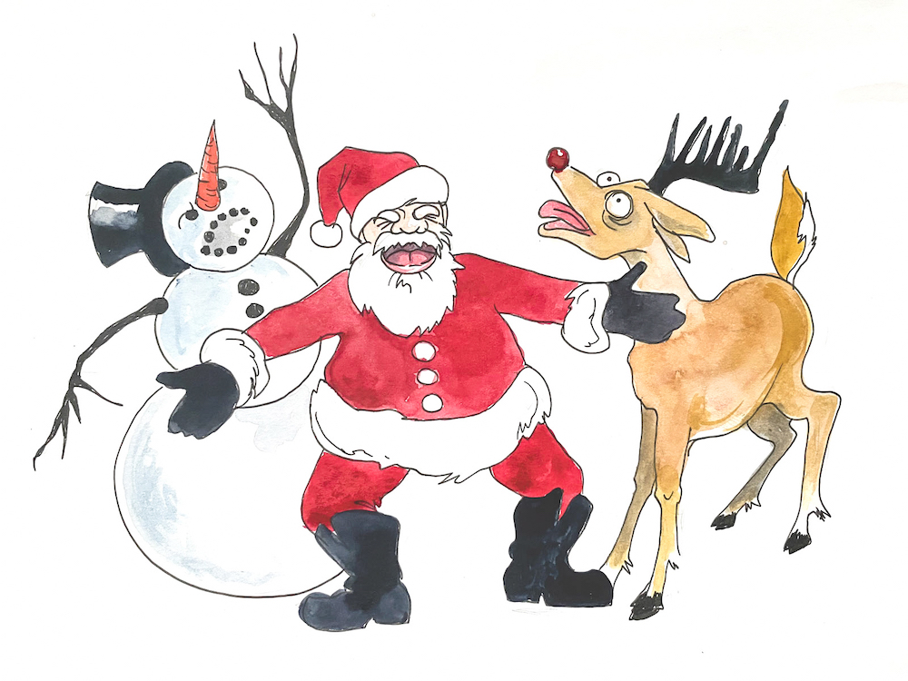 A watercolour illustration depicts a cartoon Santa Claus screaming while standing between an angry snowman on his left and an agitated reindeer on his right.