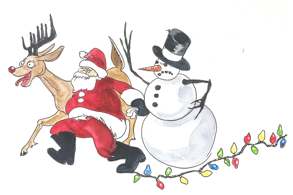 Santa Claus is running towards the left of the frame, holding the hand of a snowman to his left and accompanied by a reindeer to his right. A string of Christmas lights is underfoot.