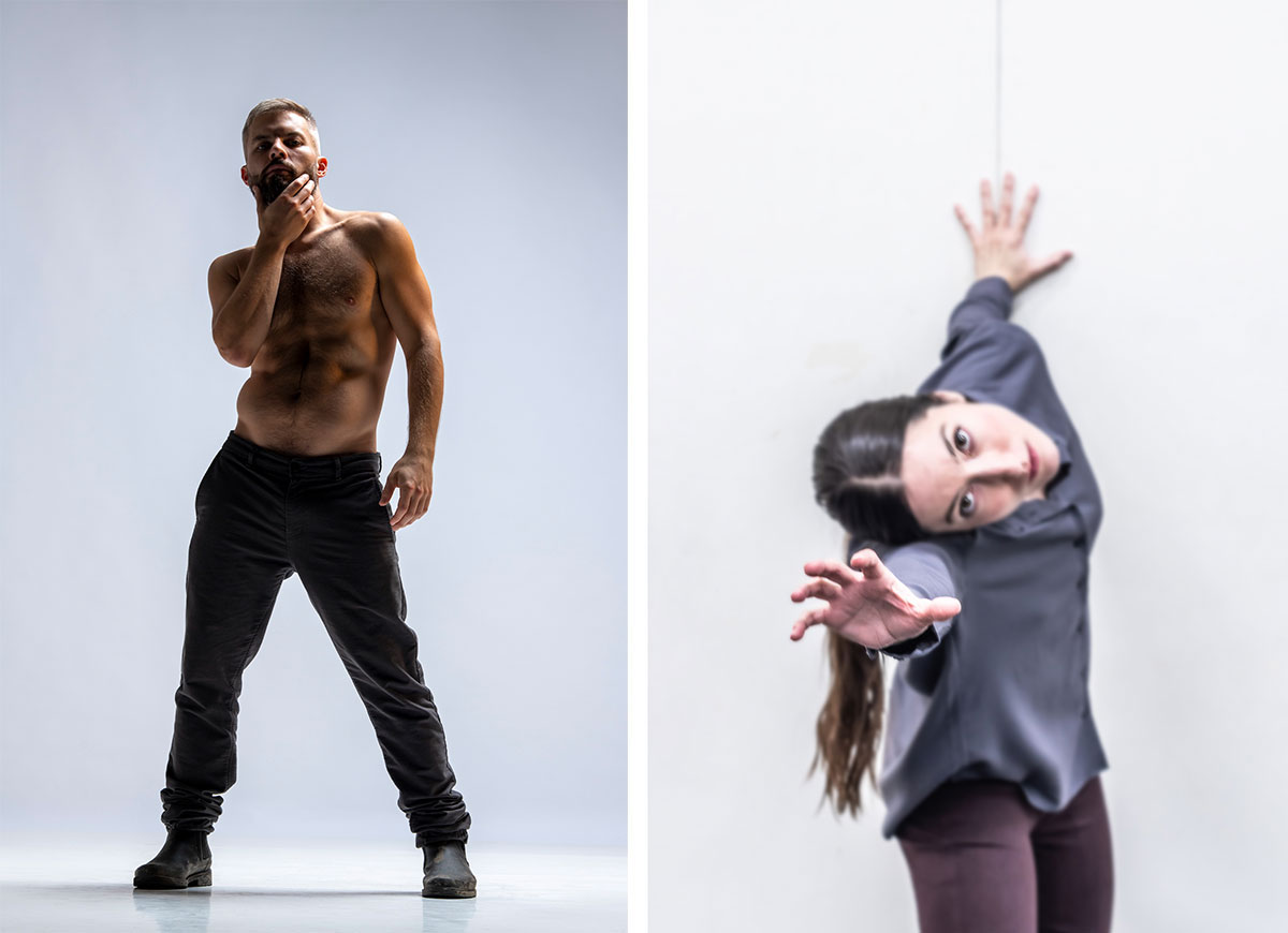 Two side-by-side photos of dancers in Source Amnesia. On the left, choreographer Joshua Beamish stands shirtless with dark pants, one hand under his chin. On the right, dancer Renee Sigouin reaches forward in a grey button-down shirt and purple pants.