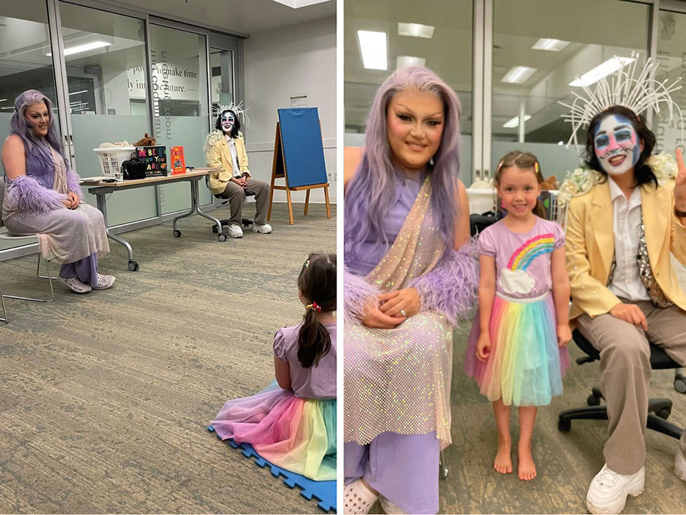 A two-panel image depicts two drag performers leading a drag story time for children at the Coquitlam Public Library. They are in purple and yellow costumes, sitting on grey chairs in an indoor meeting space. A young girl in a rainbow tutu is in the audience in the photo on the left; she is posting between the two performers in the photo on the right.